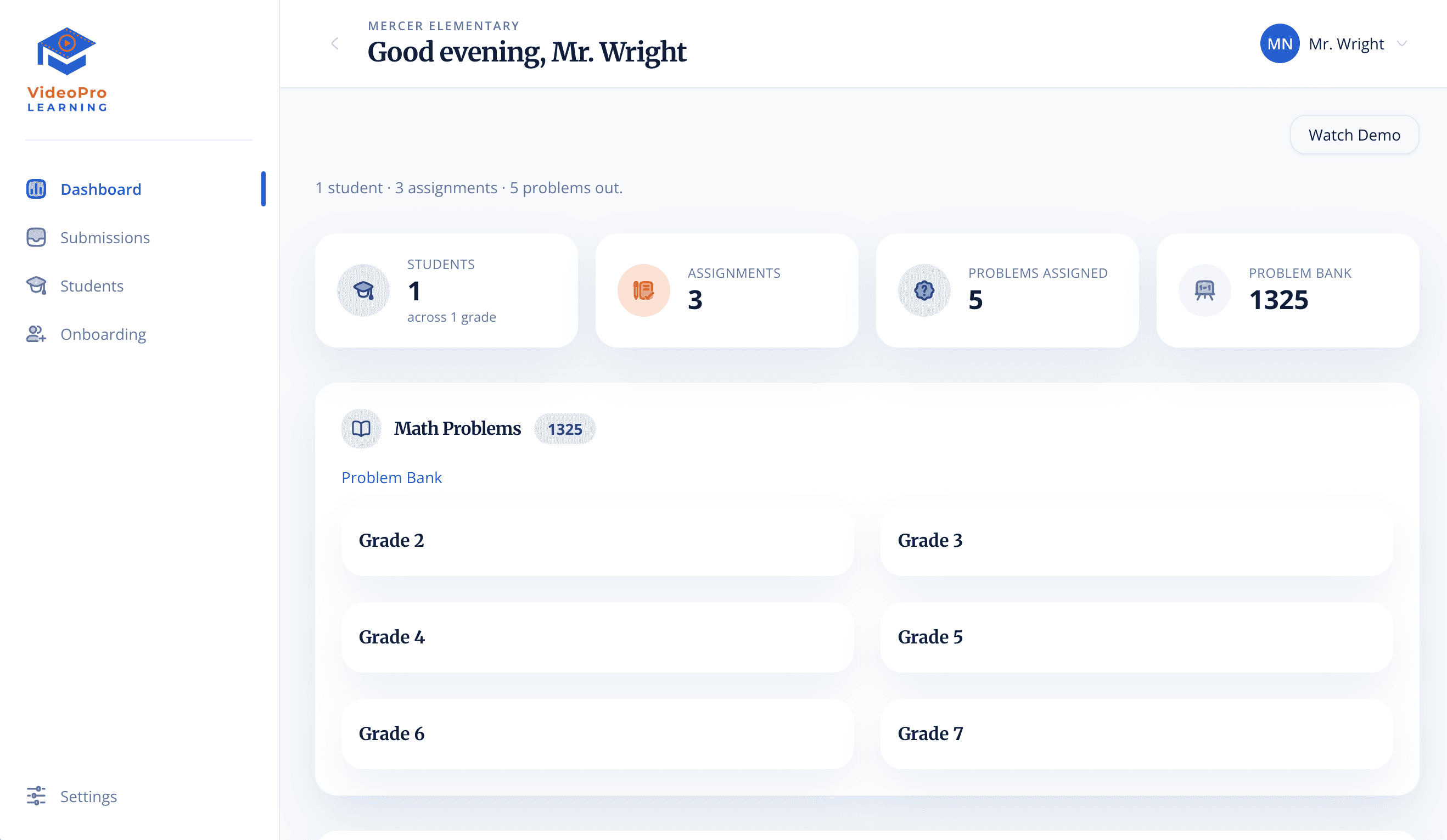 The instructor dashboard: counts of students, assignments and problems out, a problem bank of 1,325 and the Math Problems library organized by grade.